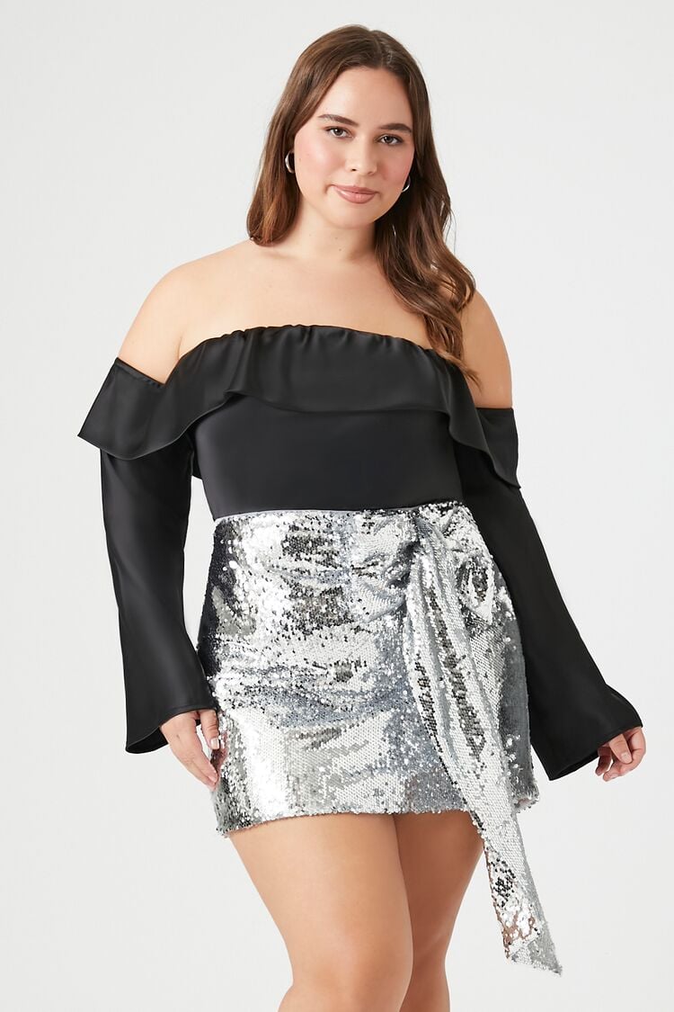 Forever 21 Plus Women's Sequin Bow Mini Skirt Silver