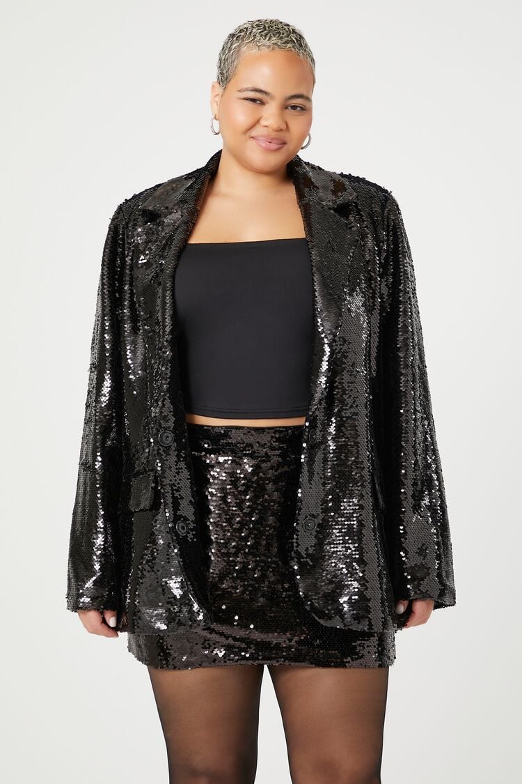 Forever 21 Plus Women's Sequin Straight Mini Skirt Black