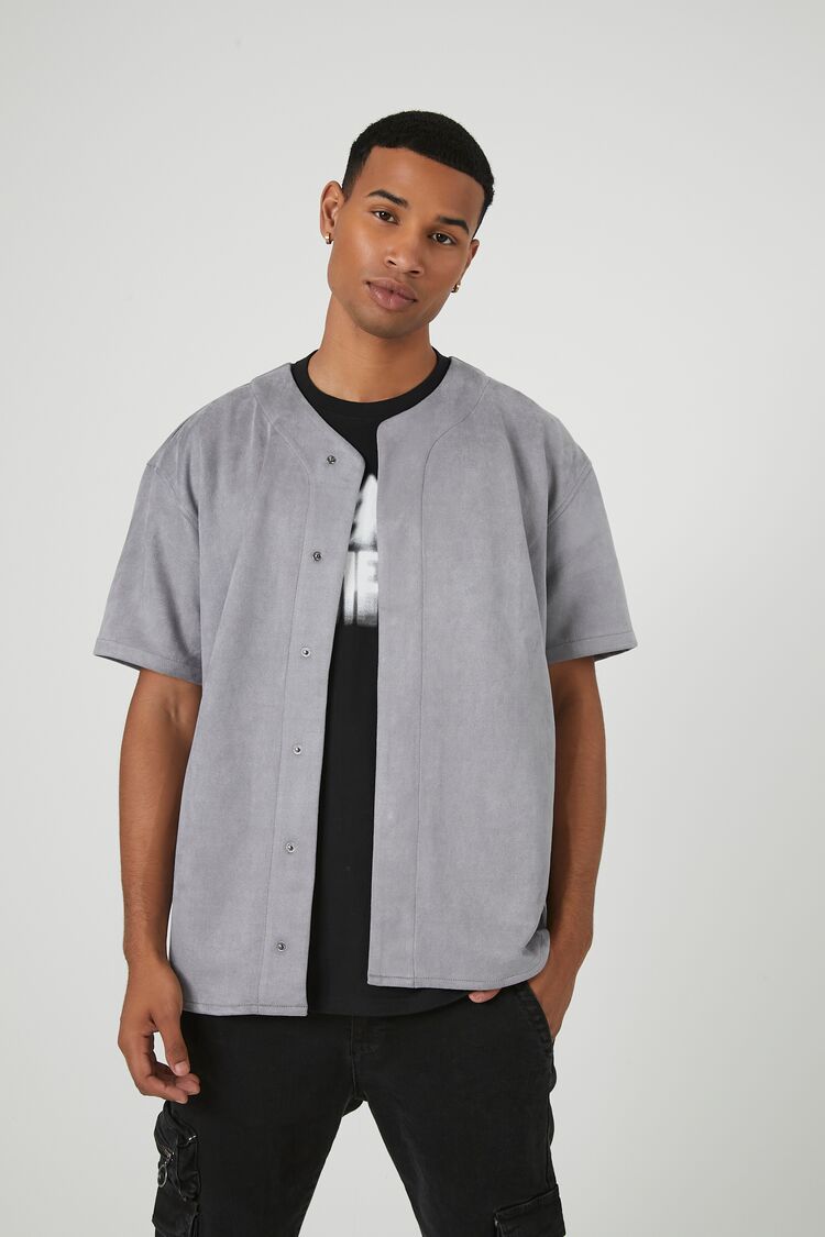 Forever 21 Men's Faux Suede Baseball Top Grey