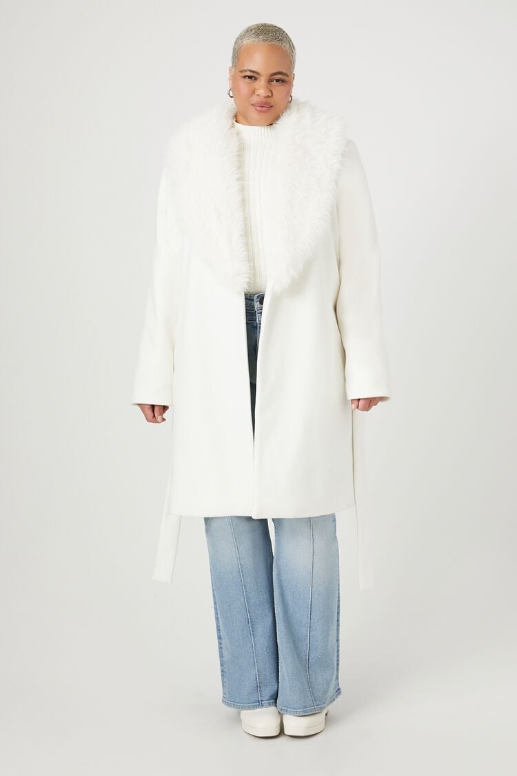 Forever 21 Plus Women's Faux Fur-Trim Trench Coat White