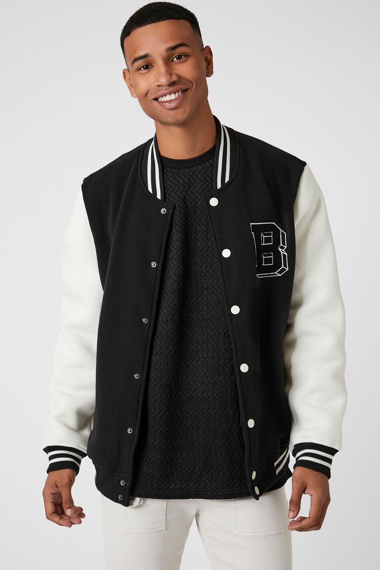 Forever 21 Men's Chenille Patch Letterman Varsity Jacket Black/Cream