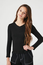 Forever 21 Girls V-Neck Long-Sleeve Top (Kids) Black