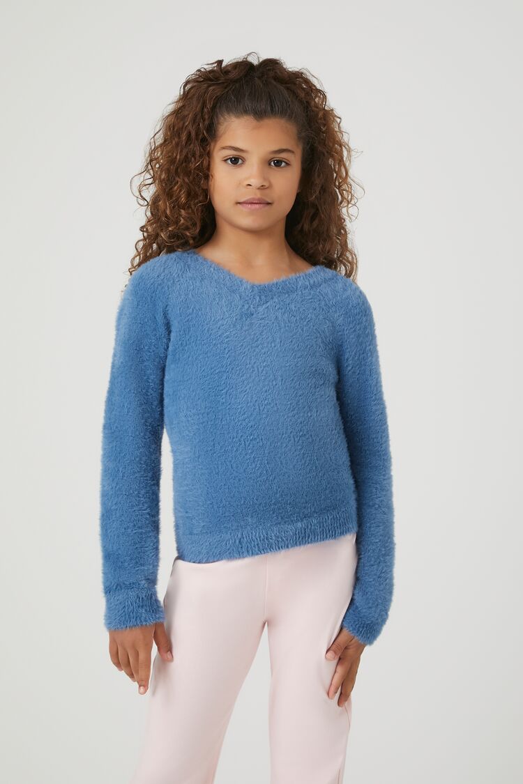 Forever 21 Girls Fuzzy Knit Sweater (Kids) Dusty Blue