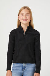 Forever 21 Knit Girls Half-Zip Mock Neck Sweater (Kids) Black