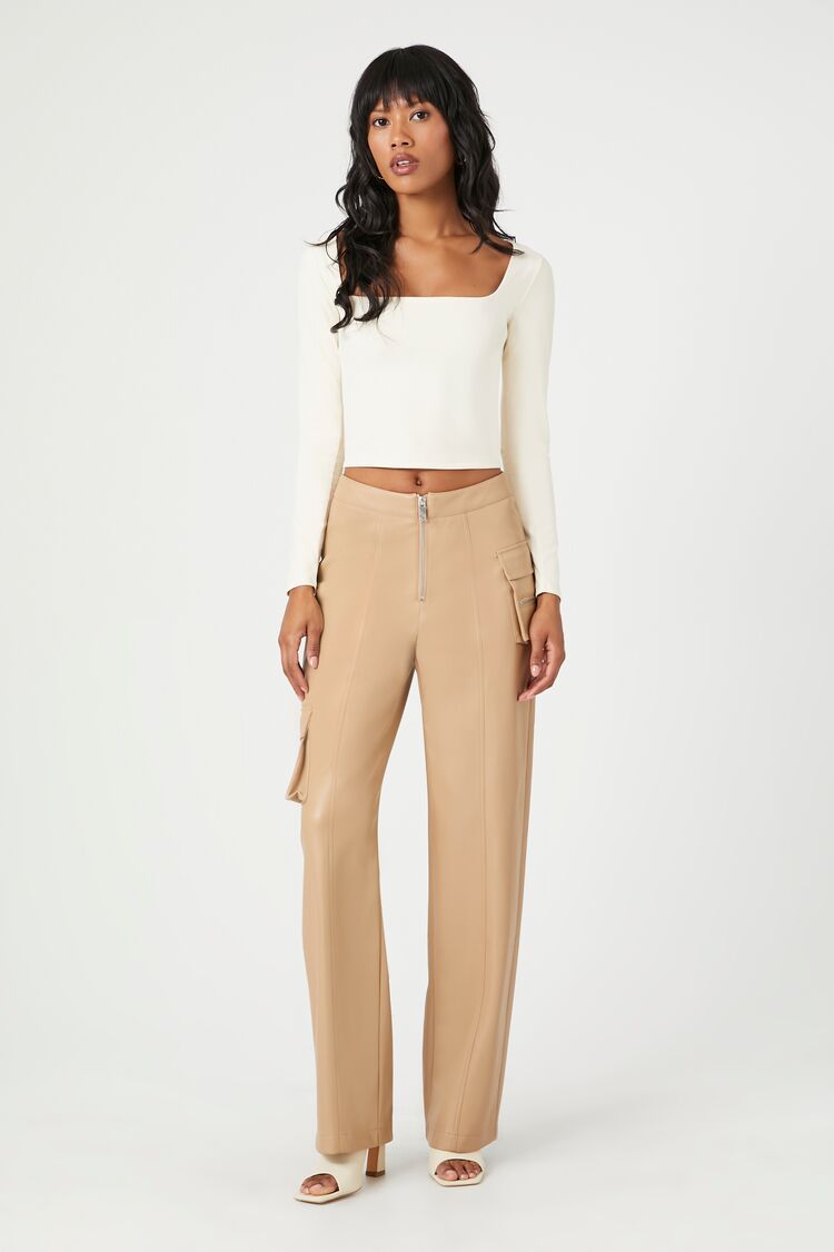 Forever 21 Women's Faux Leather/Pleather Cargo Ankle Pants Beige