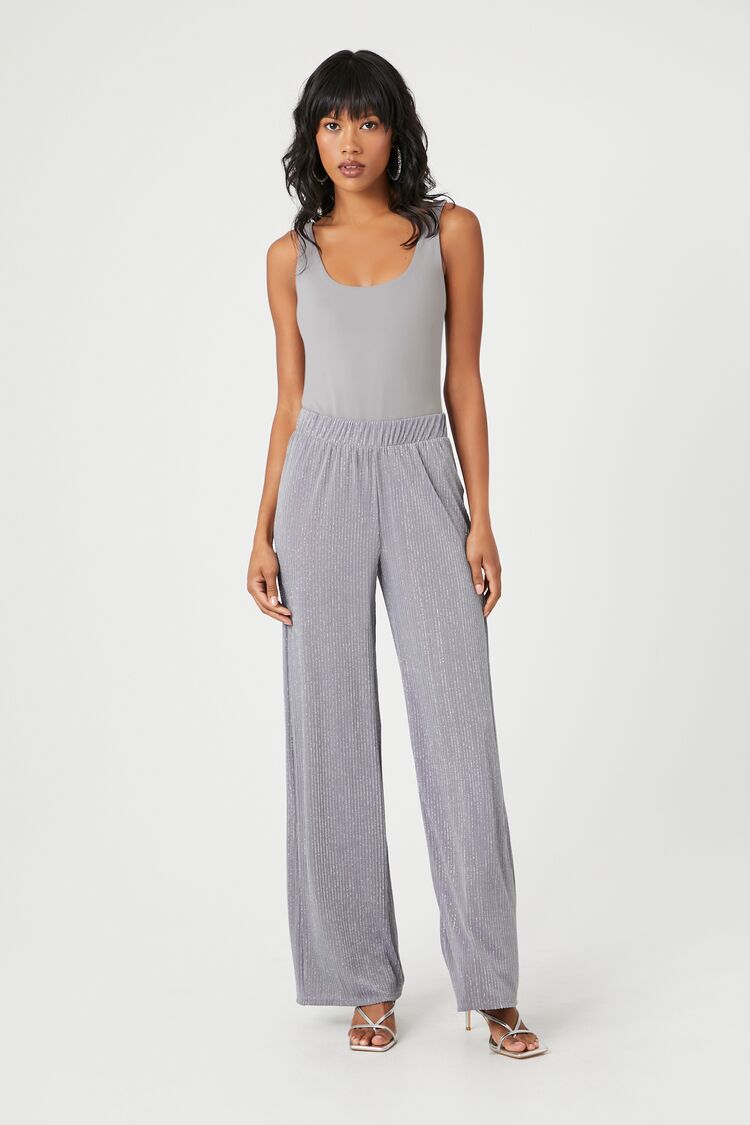 Forever 21 Women's Metallic Wide-Leg Pants Grey