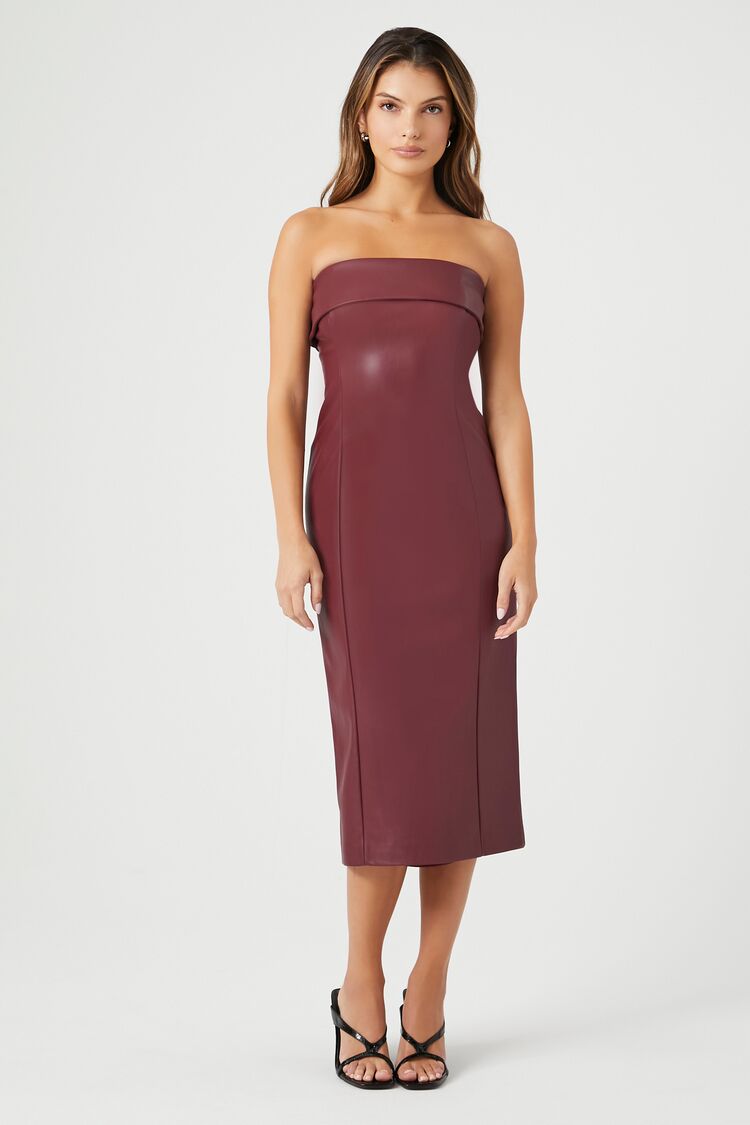 Forever 21 Women's Faux Leather/Pleather Midi Strapless Dress Wine