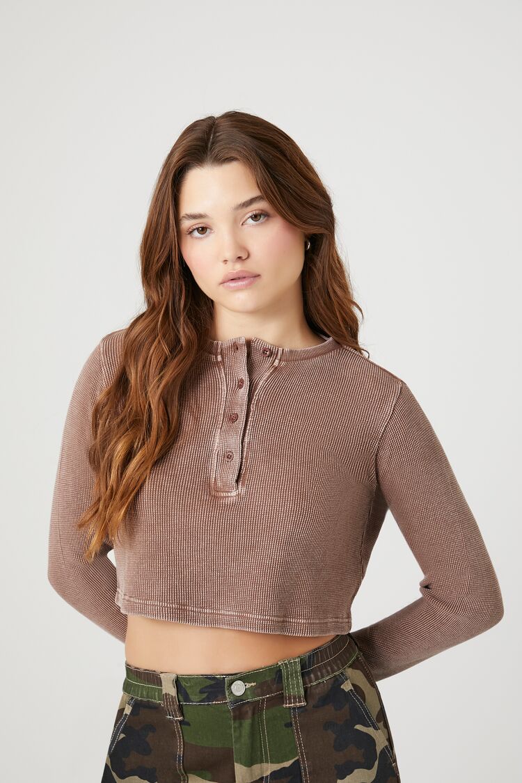 Forever 21 Women's Cotton Ribbed Cropped Henley Top Chocolate