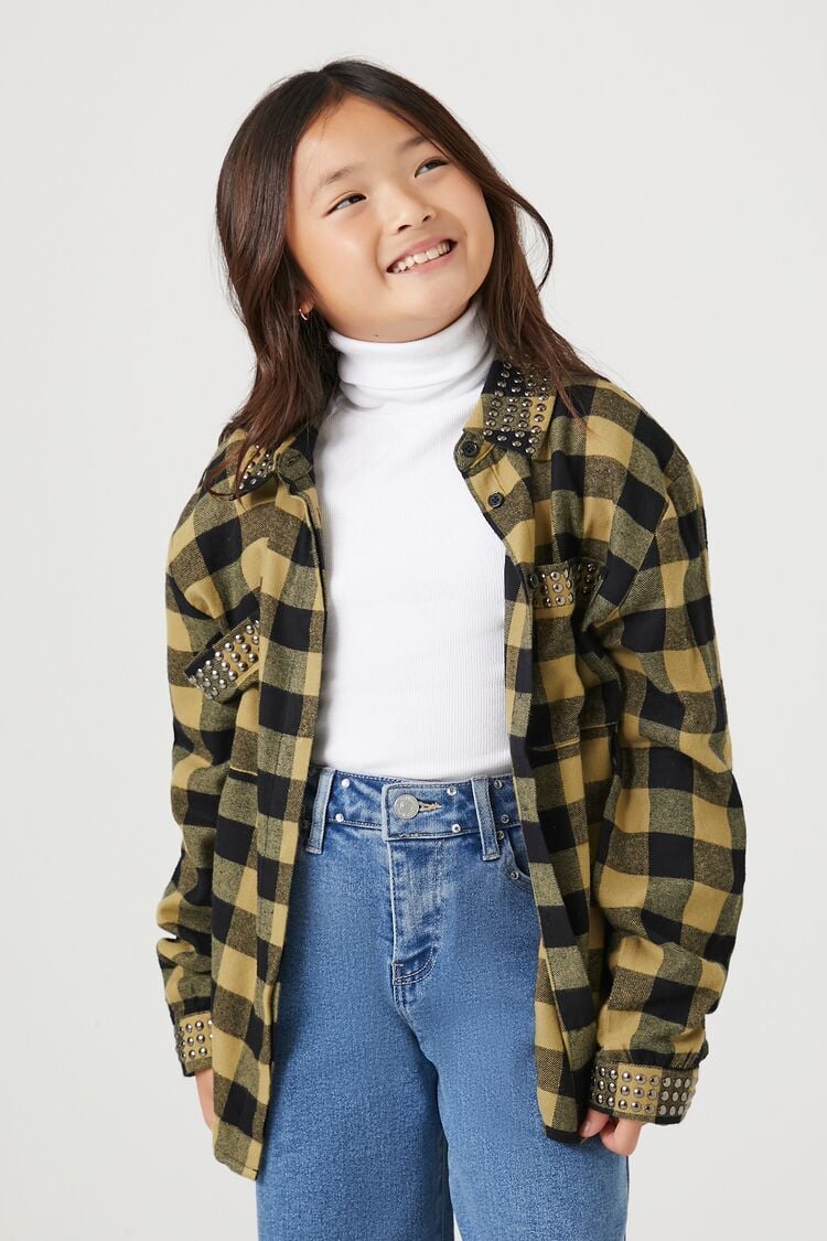 Forever 21 Girls Plaid Studded Flannel Shirt (Kids) Yellow/Multi