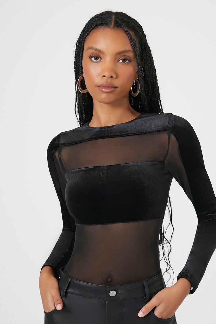 Forever 21 Women's Sheer Mesh & Velvet Bodysuit Black