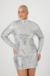 Forever 21 Plus Women's Sequin Long-Sleeve Mini Dress Silver