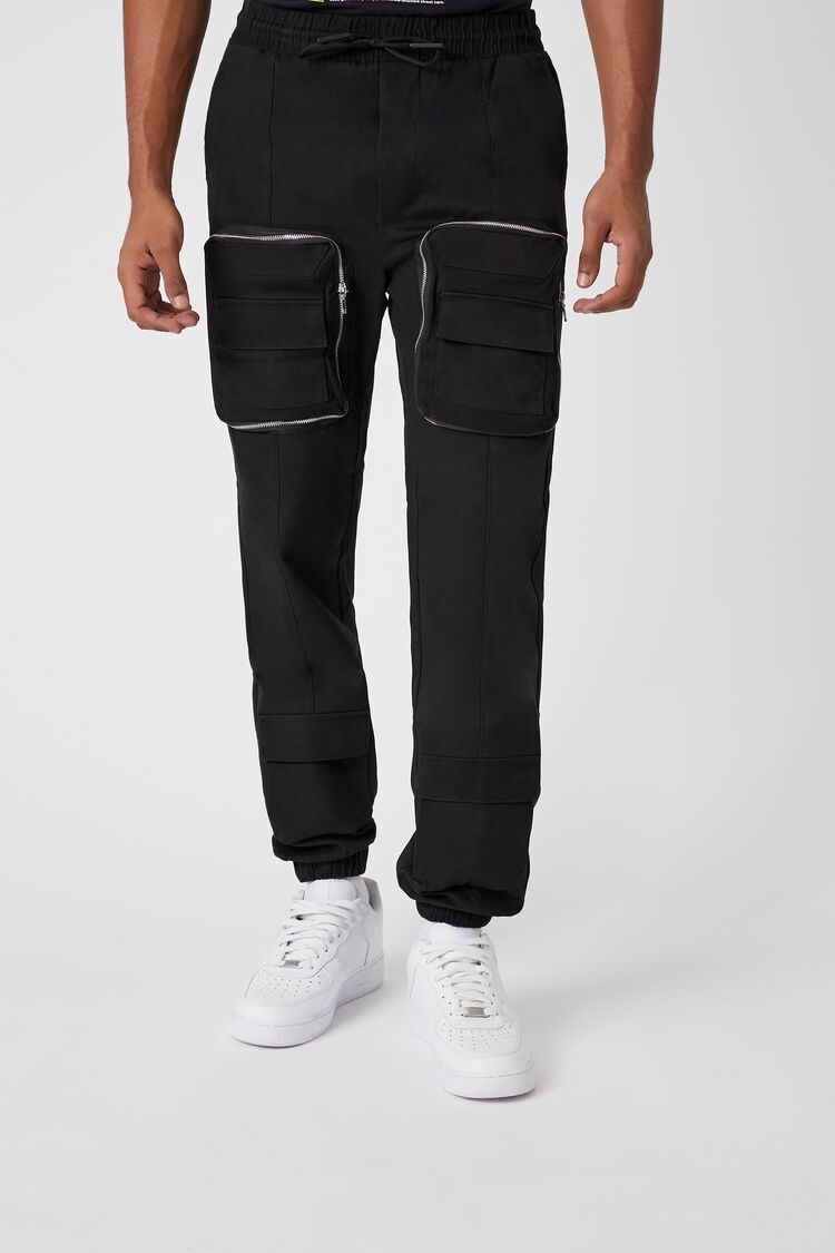 Forever 21 Men's Twill 3D Pocket Cargo Joggers Black