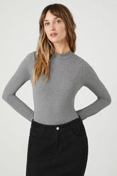 Forever 21 Women's Ribbed Mock Neck Bodysuit Charcoal