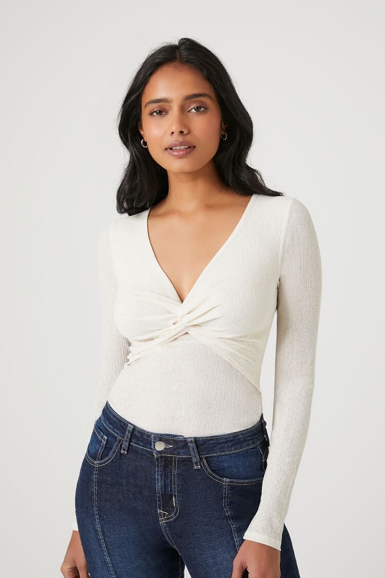 Forever 21 Women's Twisted Long-Sleeve Bodysuit Cream