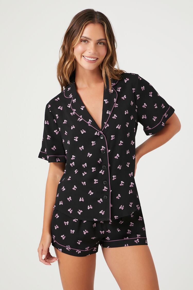 Forever 21 Women's Bow Print Shirt & Shorts Pajama Set Black/Multi