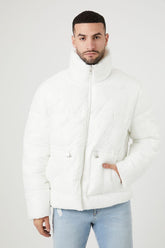 Forever 21 Men's Zip-Up Funnel Neck Puffer Bubble Coat Jacket White