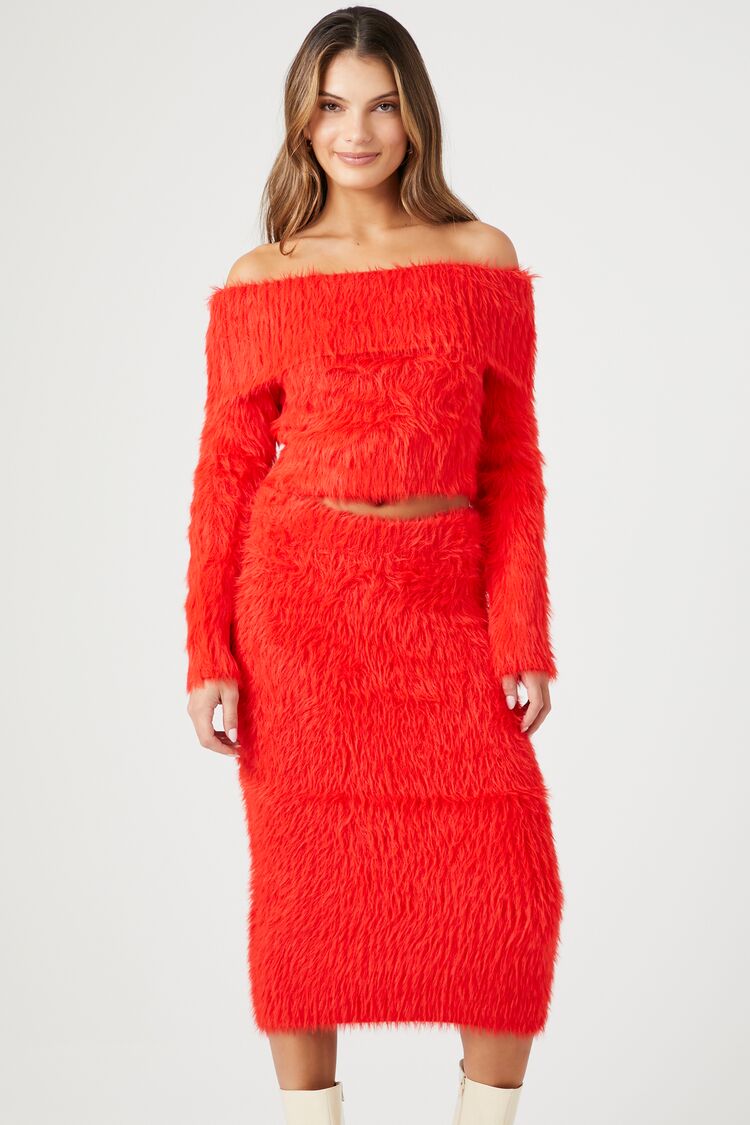 Forever 21 Women's Faux Fur Maxi Skirt Fiery Red