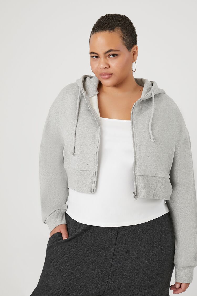 Forever 21 Plus Women's Cropped Zip-Up Hoodie Sweatshirt Heather Grey