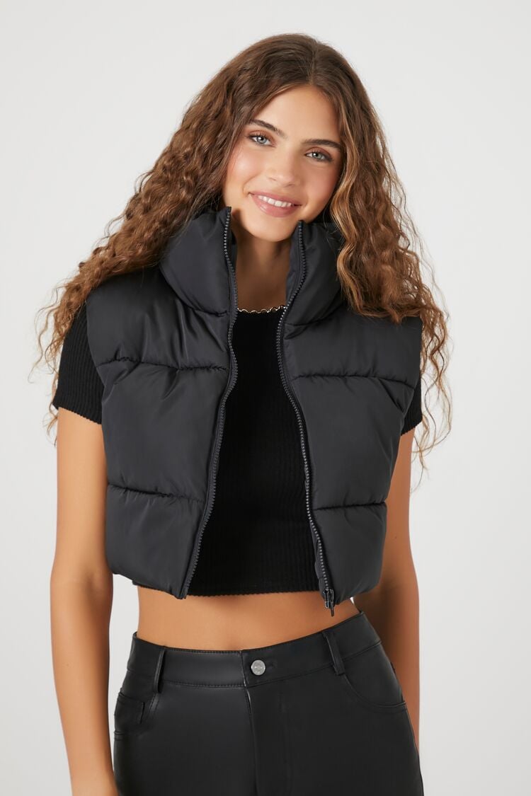 Forever 21 Women's Zip-Up Cropped Puffer Vest Black