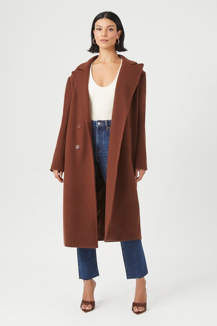 Forever 21 Women's Double-Breasted Longline Coat Brown