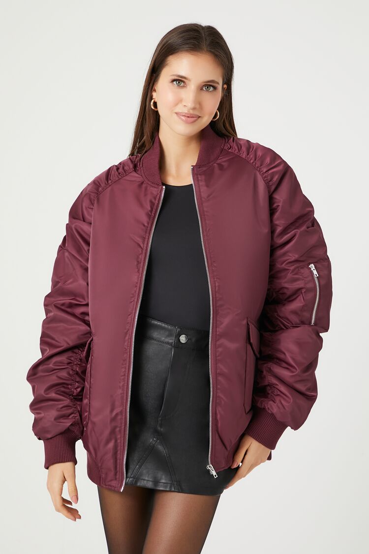 Forever 21 Women's Oversized Zip-Up Bomber Jacket Wine