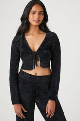 Forever 21 Knit Women's Fuzzy Cropped Cardigan Sweater Black