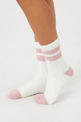 Forever 21 Women's Fuzzy Knit Striped Crew Socks Pale Mauve/Cream