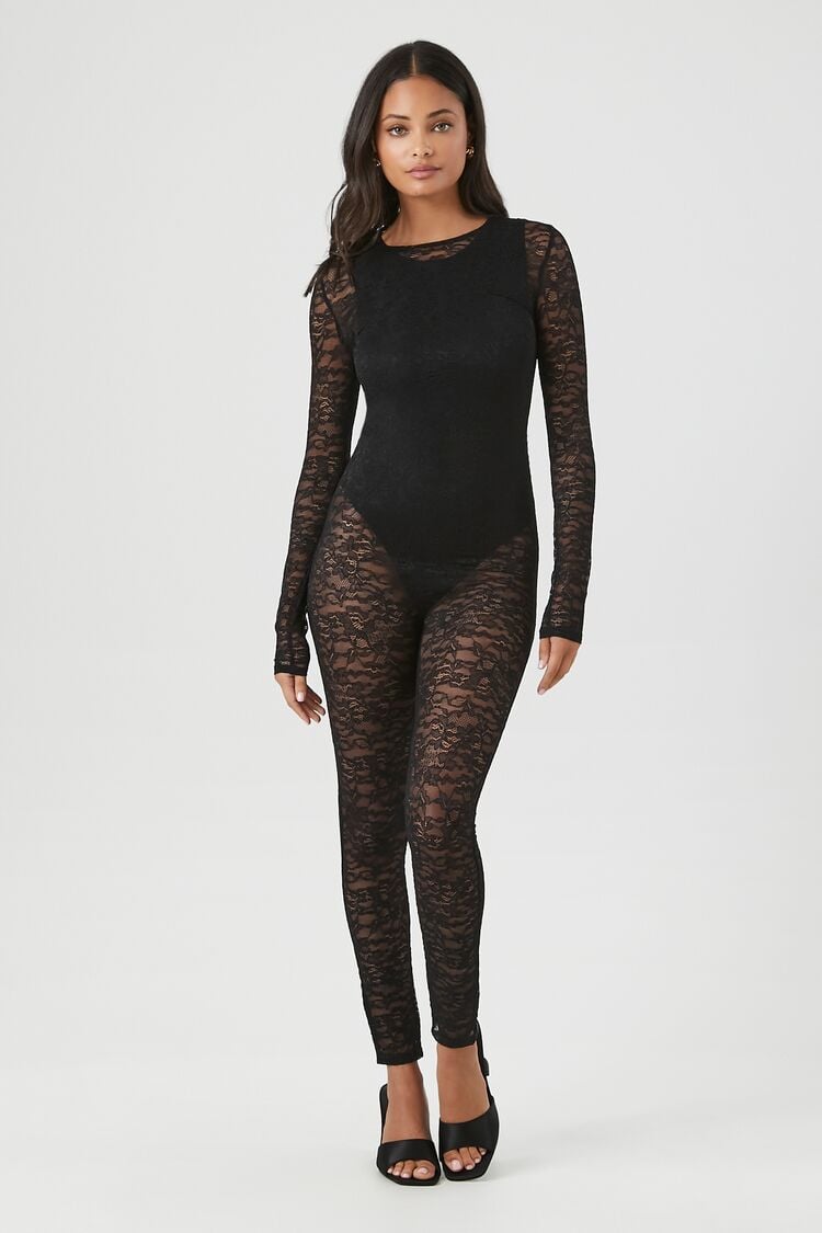 Forever 21 Women's Sheer Lace Jumpsuit Black