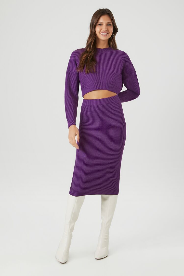 Forever 21 Knit Women's Cropped Sweater & Skirt Set Purple