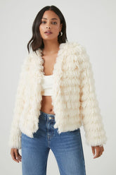 Forever 21 Women's Shaggy Tiered Fringe Jacket Cream