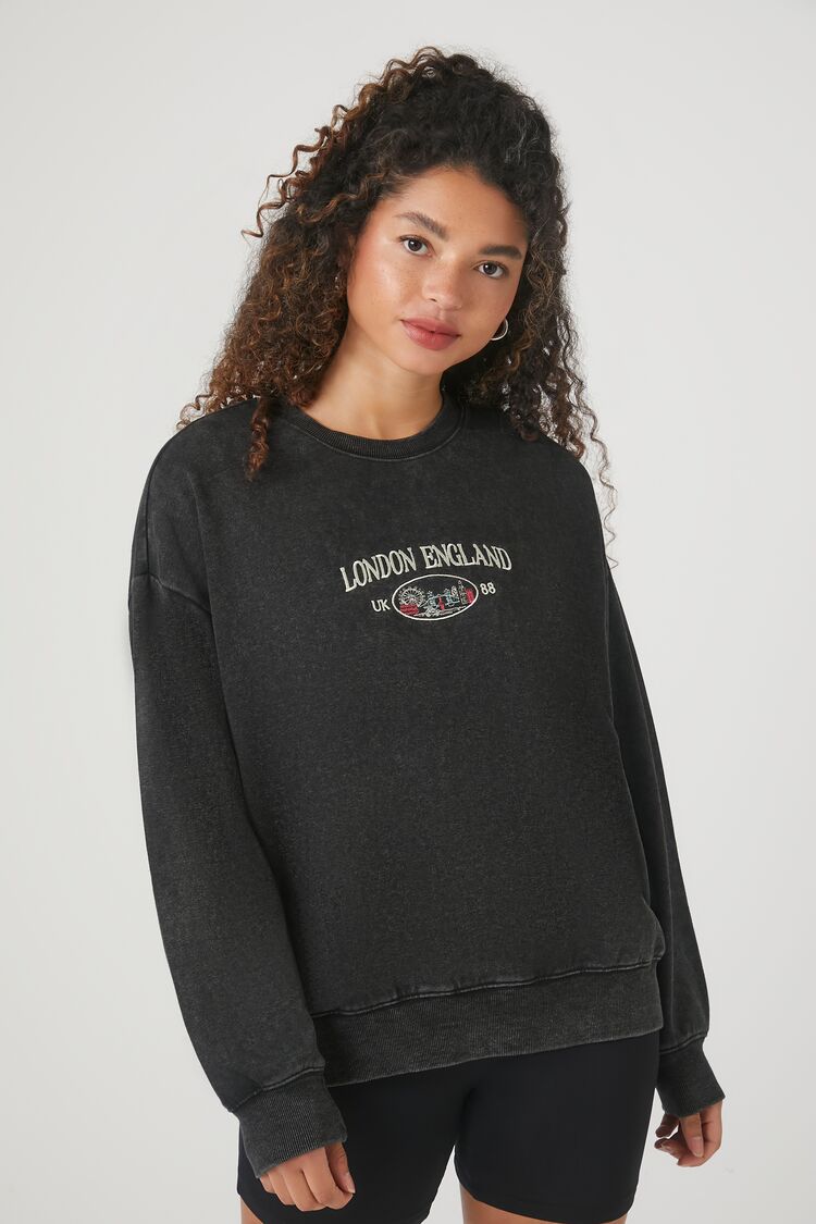 Forever 21 Women's Embroidered London England Pullover Charcoal/Multi