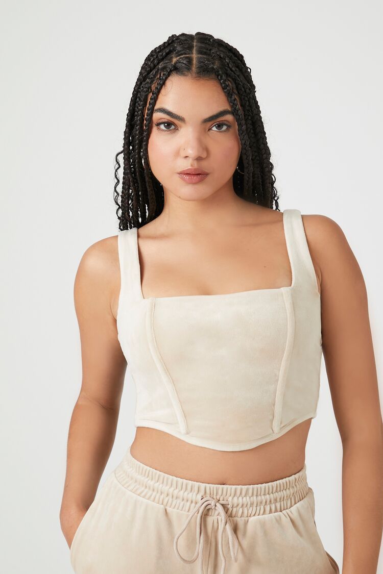 Forever 21 Women's Velour Corset Crop Top Pine Bark