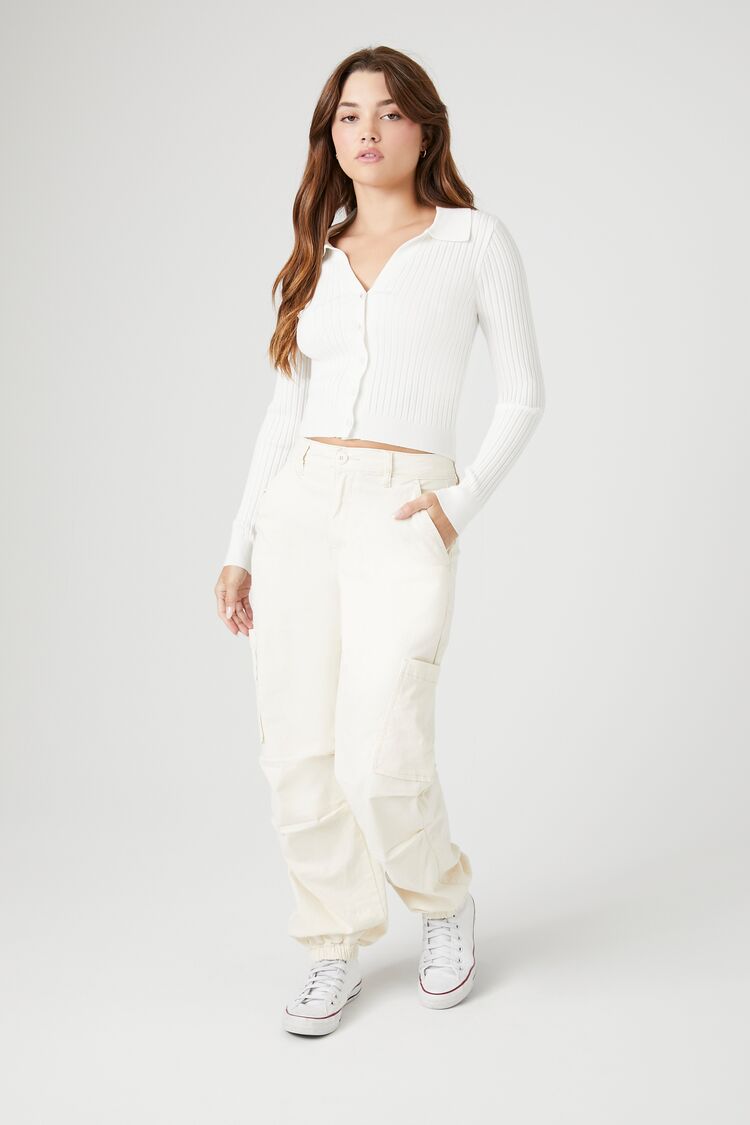 Forever 21 Women's High-Rise Denim Cargo Pants Ivory