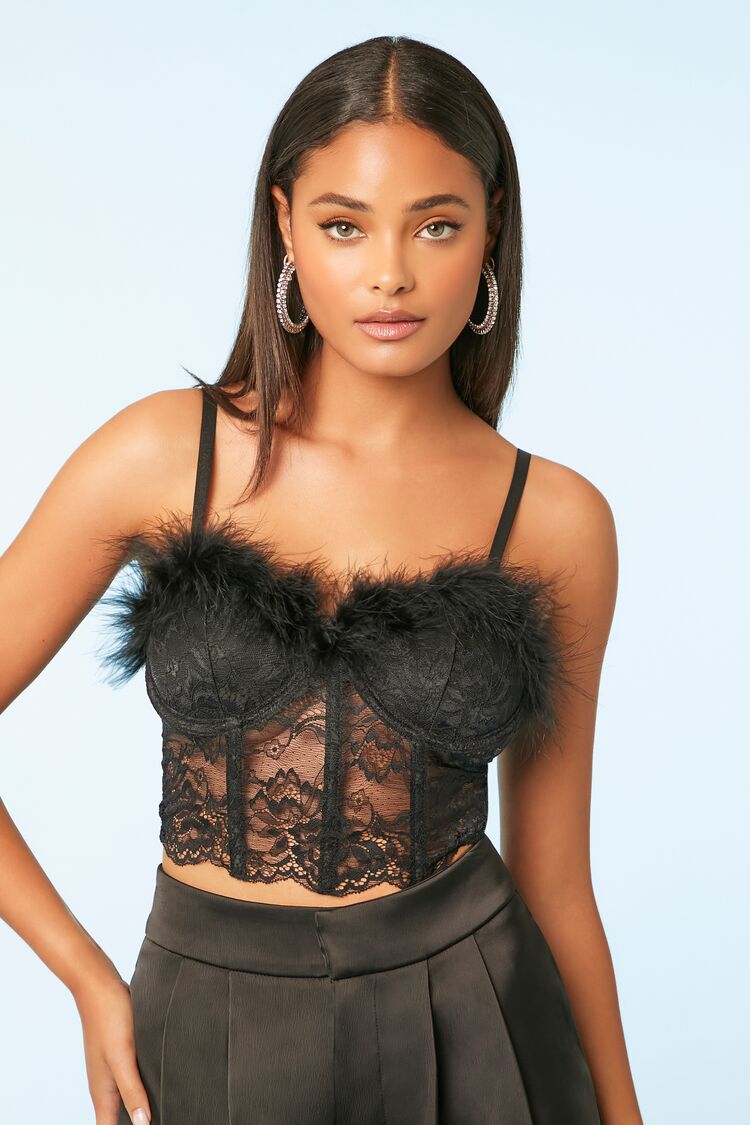 Forever 21 Women's Lace Faux Feather-Trim Bustier Top Black