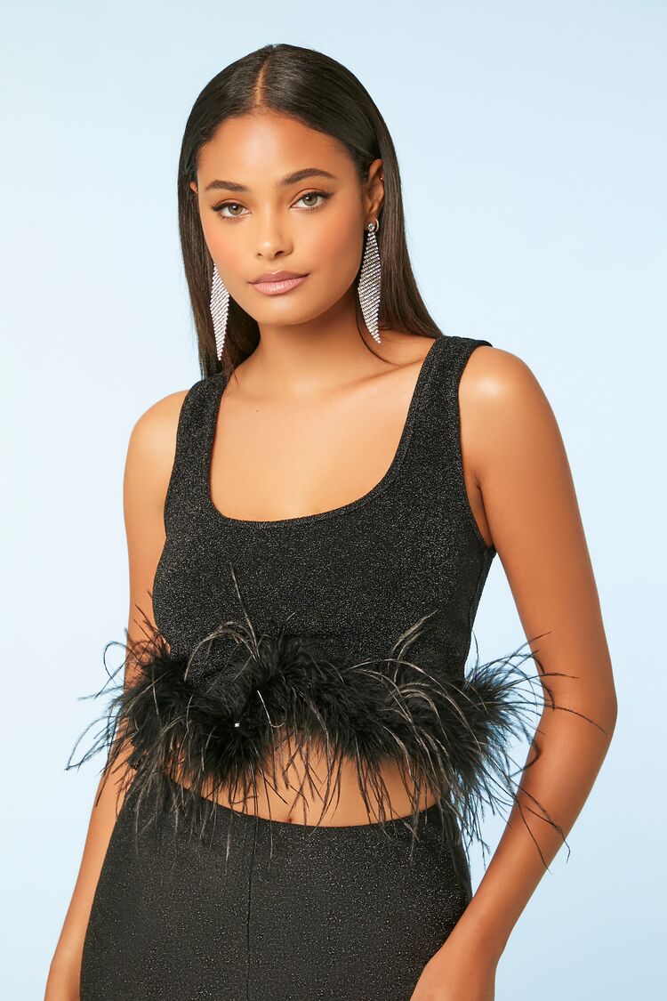 Forever 21 Women's Glitter Faux Feather-Trim Crop Top Black