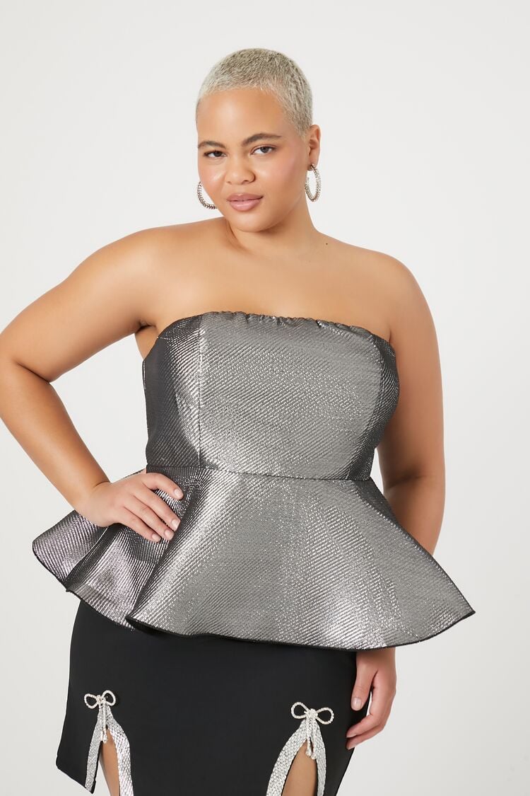 Forever 21 Plus Women's Metallic Strapless Peplum Top Grey