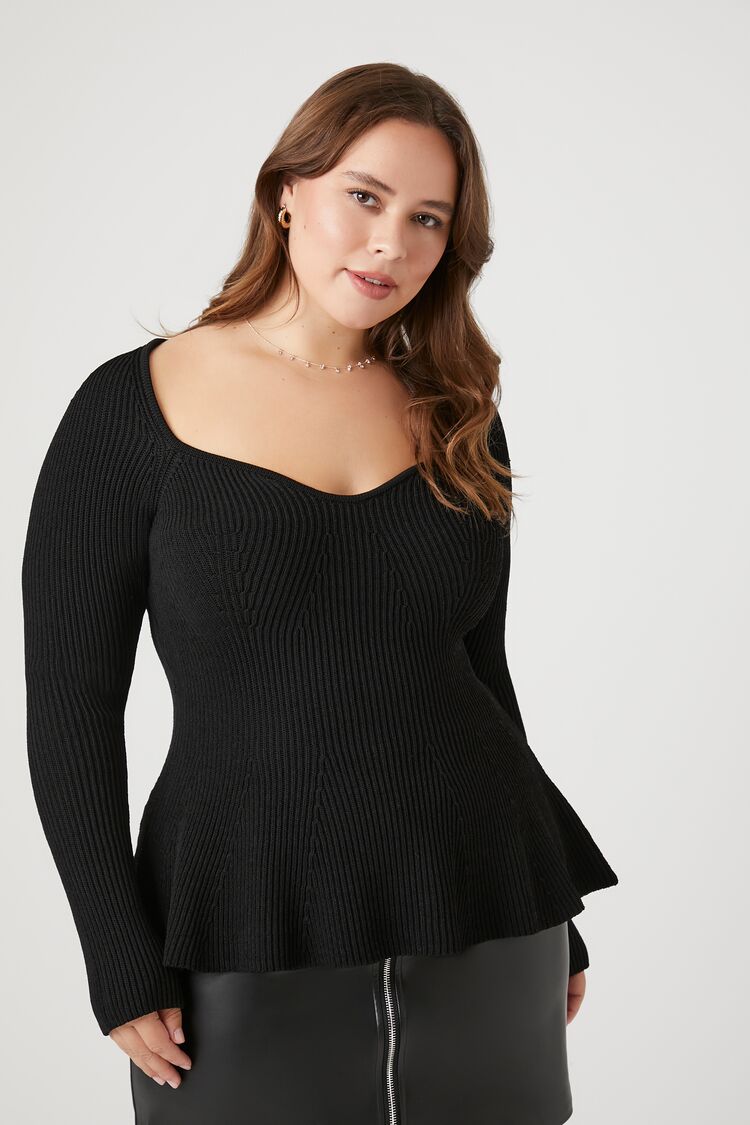 Forever 21 Plus Women's Sweater-Knit Peplum Top Black