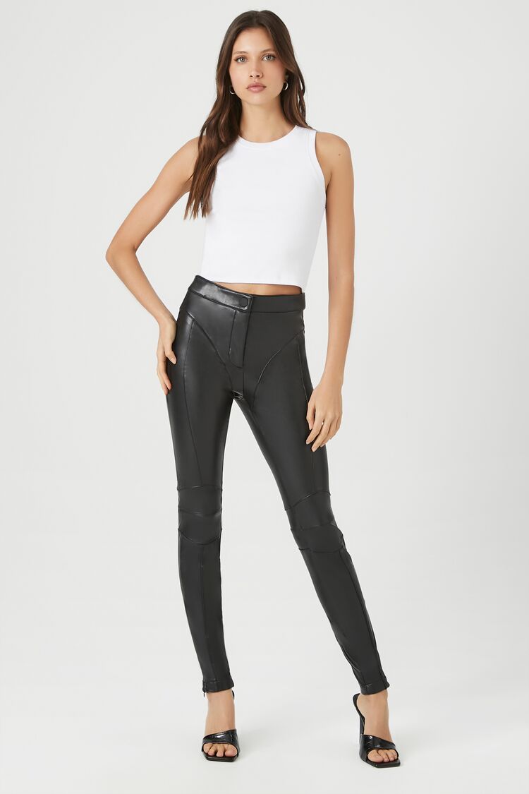 Forever 21 Women's Seamed Faux Leather/Pleather Skinny Pants Black