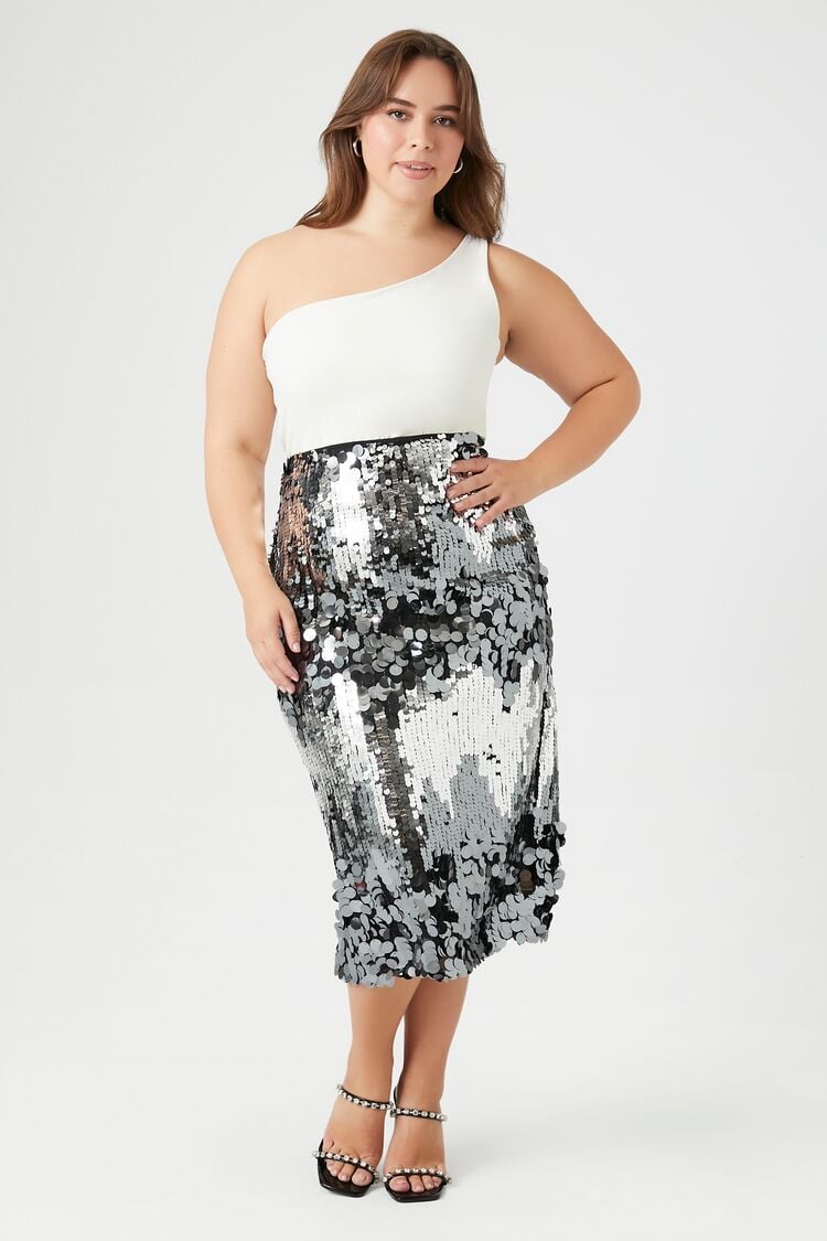 Forever 21 Plus Women's Sequin Midi Skirt Silver/Multi