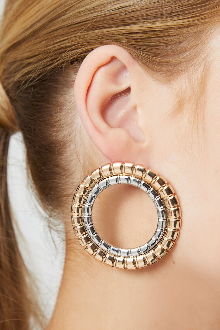 Forever 21 Women's Two-Tone Hoop Drop Earrings Gold/Silver