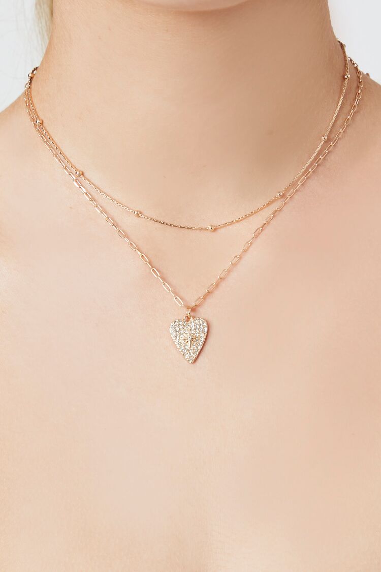 Forever 21 Women's Layered Rhinestone Heart Necklace Gold