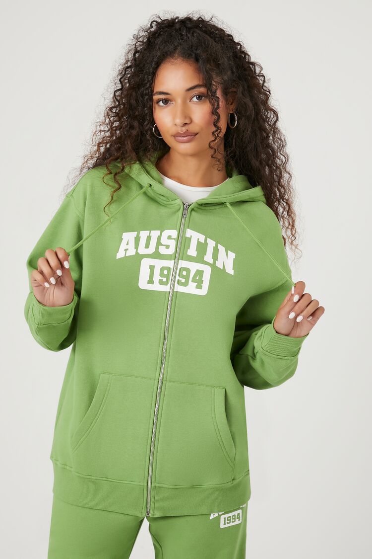 Forever 21 Women's Austin Graphic Fleece Zip-Up Hoodie Sweatshirt Pepper Green/Multi