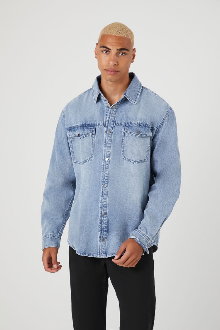 Forever 21 Men's Denim Snap-Button Shirt Medium Denim