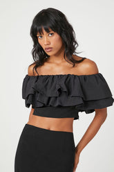 Forever 21 Women's Velvet Off-the-Shoulder Ruffle Top Black