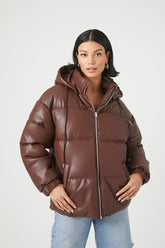 Forever 21 Women's Faux Leather/Pleather Zip-Up Puffer Bubble Coat Jacket Brown