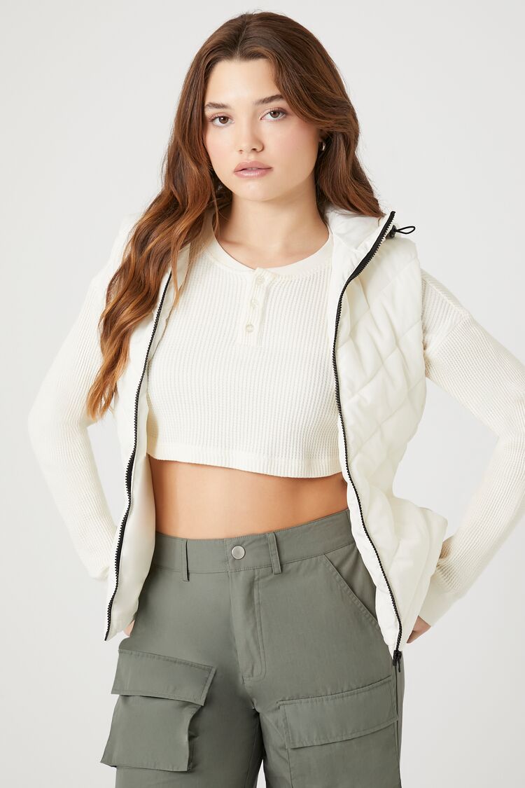 Forever 21 Women's Hooded Quilted Puffer Vest Cream