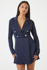 Forever 21 Women's Satin Double-Breasted Blazer Dress Navy