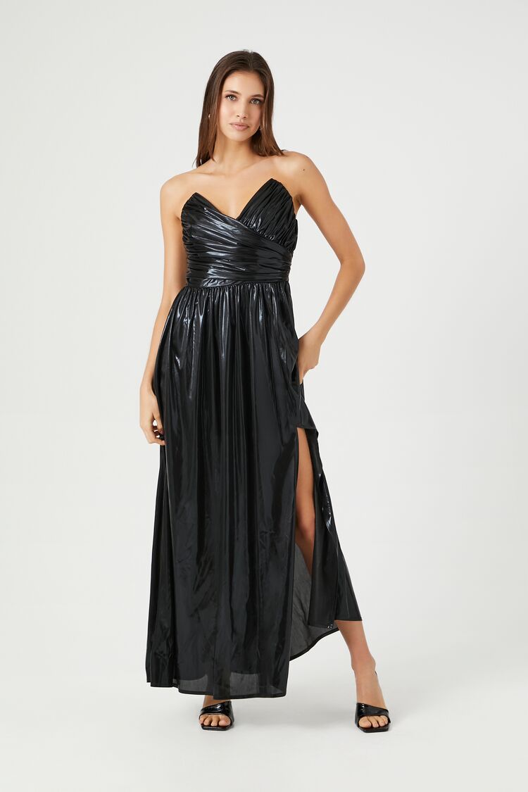 Forever 21 Women's Metallic Ruched Strapless Midi Dress Black