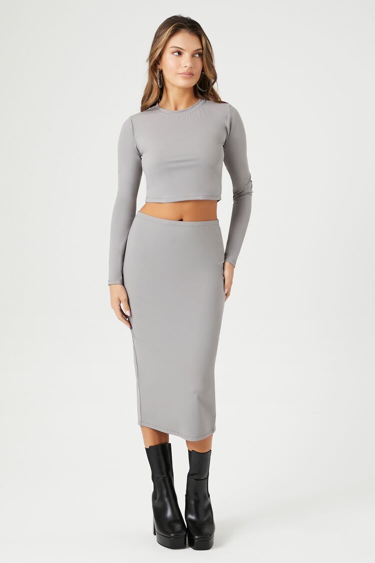 Forever 21 Women's Crop Top & Midi Slit Skirt Set Dark Grey