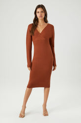 Forever 21 Knit Women's Surplice Midi Sweater Winter Dress Mocha